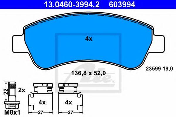 Комплект гальмівних колодок, дискове гальмо ATE 13.0460-3994.2