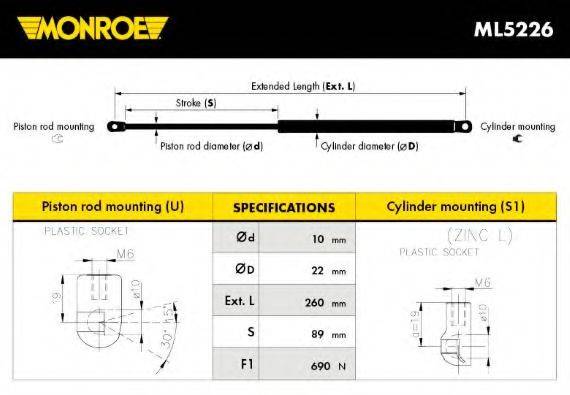 Газова пружина, кришка багажника MONROE ML5226