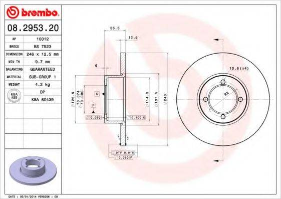 гальмівний диск BREMBO 08.2953.20