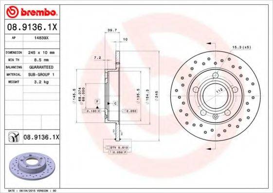 гальмівний диск BREMBO 08.9136.1X