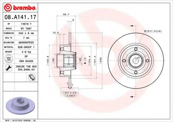 гальмівний диск BREMBO 08.A141.17