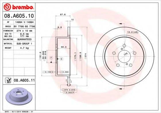 гальмівний диск BREMBO 08.A605.11