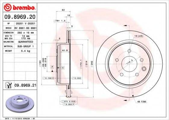 гальмівний диск BREMBO 09.8969.21