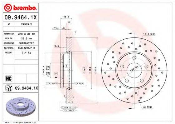 гальмівний диск BREMBO 09.9464.1X