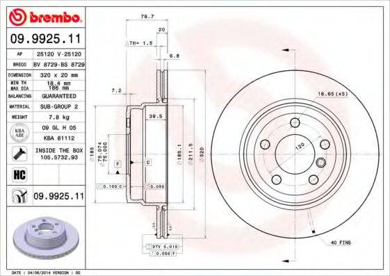 гальмівний диск BREMBO 09.9925.11