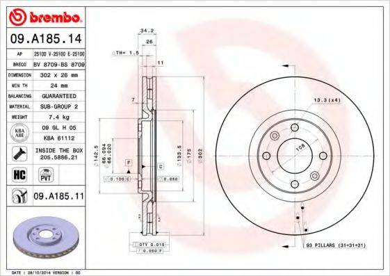 гальмівний диск BREMBO 09.A185.14