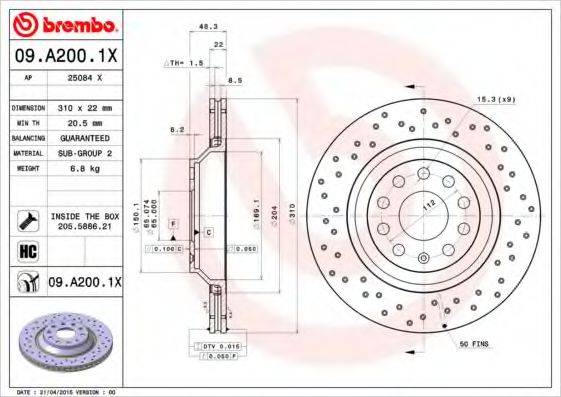 гальмівний диск BREMBO 09.A200.1X