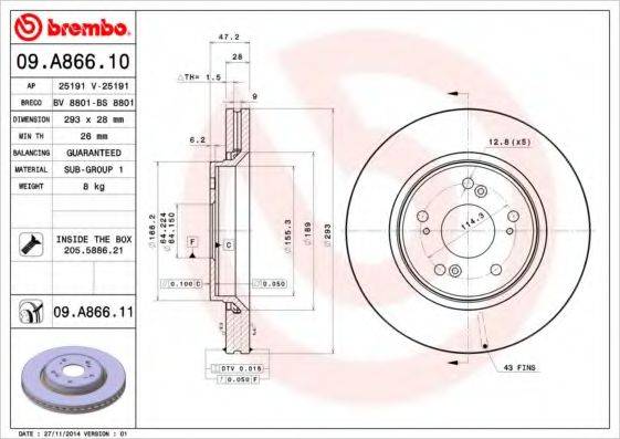 гальмівний диск BREMBO 09.A866.10