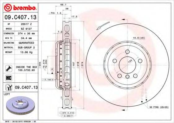 гальмівний диск BREMBO 09.C407.13